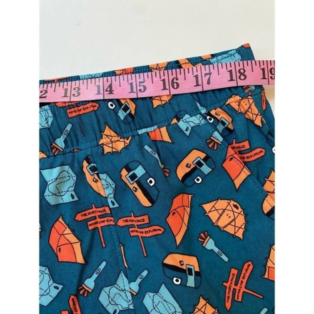 The North Face Allover Camping Print Shorts Men XL Blue Travel Coastal Beach NWT
